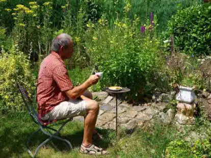 Martin Bruns in seinem klimafreundlichen Garten. Der Wildeshauser wurde als einer der drei Gewinner des letztj&auml;hrigen Wettbewerbs ausgezeichnet.