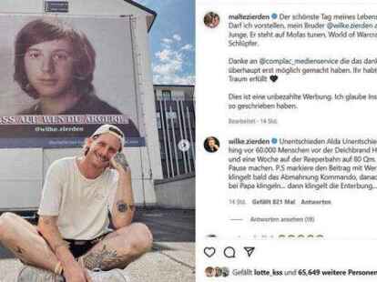 Geschwisterliebe: Der Hamburger Influencer Malte Zierden (460.000 Instagram-Follower) hängte ein Riesenposter mit einem Jugendbild seines Bruders Wilke (425.000 Follower) in der Kasseler Einkaufsmeile auf.