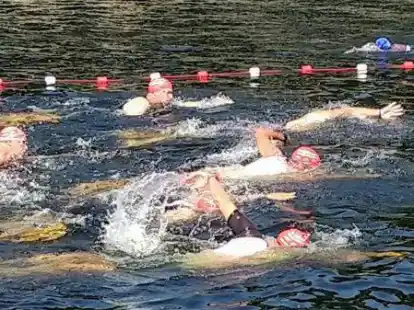 Schwammen im Ems-Jade-Kanal: die Triathleten beim Nordseeman in Wilhelmshaven.