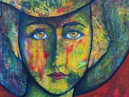 Im Original 1,15 mal 1,20 Meter gro&szlig;: Das Bild &bdquo;Madame Mata&ldquo; von Janett Brown. Die K&uuml;nstlerin aus Bad Zwischenahn stellt im Unesco-Weltkulturerbe Fagus-Werk aus.