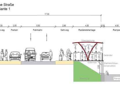 Radfahrer und Autofahrer nutzen die Stra&szlig;e gemeinsam. Moderne Fahrradabstellpl&auml;tze sollen in einem Teilbereich des Gr&uuml;nstreifens zwischen der Rampe zum Bahnhofstunnel und dem B&uuml;rgersteig Hohe Stra&szlig;e neu errichtet werden. Plan: PGT