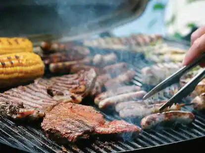 Maiskolben, Fleischspie&szlig;e, Bratw&uuml;rste und Steaks liegen auf dem Rost eines Grills. Die Gr&uuml;nen wollen den Fleischkonsum drastisch dr&uuml;cken.