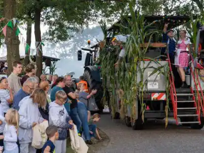 Gro&szlig;er Festumzug am Sonntag: Etwa 65 Motivwagen, &uuml;ber zehn Fu&szlig;gruppen und drei Spielmannsz&uuml;ge machten sich auf den gut sieben Kilometer langen Umzugsweg. Zahlreiche Zuschauer s&auml;umten die Stra&szlig;en.