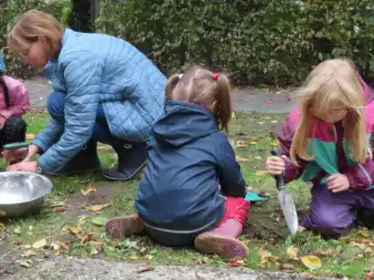 Die Kita Schwabenstra&szlig;e setzte ihre 800 Blumenzwiebeln gleich am Montag in die Erde &ndash; hier: Erzieherin Erika Wehuis mit Angela, Edona und Jamie-Lee (v.l.).