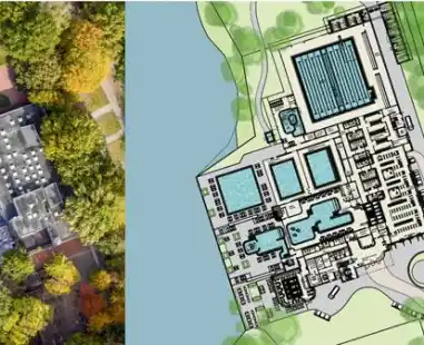 Links das Freibad Fl&ouml;tenteich, rechts die Planung des Sport- und Gesundheitsbades