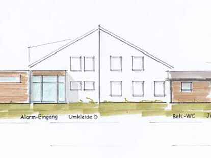 Entwurfskizze f&uuml;r die Anbauten (farbige Elemente) an das Feuerwehrhaus in Wardenburg.