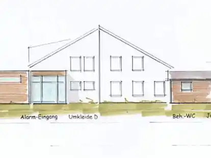 Entwurfskizze f&uuml;r die Anbauten (farbige Elemente) an das Feuerwehrhaus in Wardenburg.