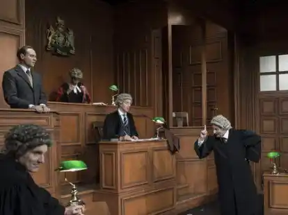 Szene aus dem St&uuml;ck mit den Schauspielern (von links) Sven Hei&szlig;, Robert Zimmermann, Johannes Simons, Aom Flury, Thomas Marx und Jeffrey von Laun