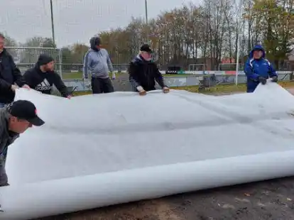 Das Vlies wird ausgerollt: Frisianer und Mitglieder des B&uuml;rgervereins schaffen ein neues Angebot im Stadtteil Transvaal.