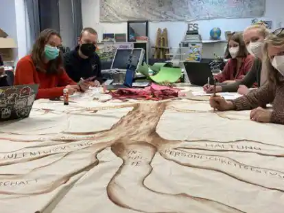 Pr&auml;sentieren die Ergebnisse ihrer Lernreise: (von links) Lene B&uuml;the, Carla Kleinschmidt, Richard Schlimper, Franziska M&ouml;hlmann, Annika Lynn Roter und D&ouml;rthe Heuer.