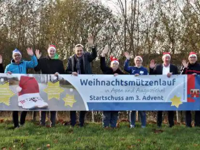 Das Team hinter dem diesj&auml;hrigen Weihnachtsm&uuml;tzenlauf (von links): Wiebke K&ouml;sters (Gemeinde Apen), Bernd-Thomas Scheiwe (Fotograf), Jasper Poppens (Spa&szlig; und Sport), B&uuml;rgermeister Matthias Huber (Schirmherr), Yvonne Enbrich (TuS Vorw&auml;rts Augustfehn), Wiebke Ruseler-Hemken (TuS Augustfehn), Frank Koopmann (&Ouml;ffentliche Versicherung Augustfehn), Torsten Huber (Mitorganisator), Christina Zschech (Oldenburger Volksbank).