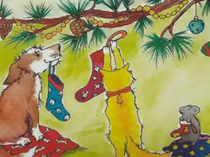 Weihnachtssocken mit Hund, Katze und Maus &ndash; diese Zeichnung der Emder Gassigeherin Melanie Krickhuhn ziert das Plakat zum diesj&auml;hrigen Adventsmarkt im Tierheim Emden.