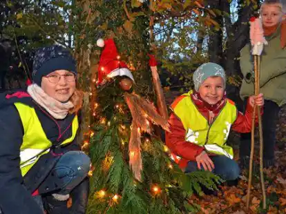 Freuen sich &uuml;ber die leuchtenden Wichtel im B&ouml;rgtuun: (v.l.) Lina (6) aus Gro&szlig; Midlum, Romy (4) aus Hinte und Leon (5) aus Hinte.