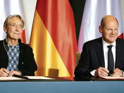 Frankreichs Ministerpr&auml;sidentin &Eacute;lisabeth  Borne und Bundeskanzler Olaf Scholz (SPD) unterzeichneten am Freitag im Berliner Kanzleramt eine gemeinsame Erkl&auml;rung zur Energiesolidarit&auml;t.