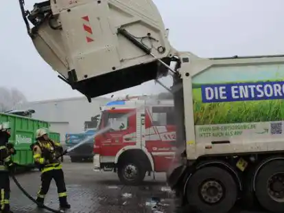 Auf dem Gel&auml;nde der GIB Entsorgung an der Otto-Hahn-Stra&szlig;e l&ouml;schten die Feuerwehrleute vorsorglich Fahrzeug und Ladung noch einmal ab.