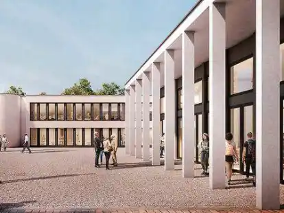 So soll das neue Bar&szlig;eler Rathaus aussehen, links der Verwaltungstrakt und rechts das B&uuml;rgerhaus. Letzteres wird jetzt um zwei Meter im Grundriss verl&auml;ngert.