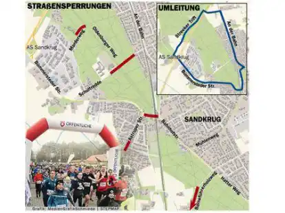 F&uuml;r die Sandkruger Schleife werden einige Stra&szlig;enabschnitte voll gesperrt (rot). Eine Umleitung ist ausgeschildert.