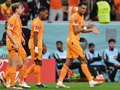 Cody Gakpo (r) stellt mit seinem F&uuml;hrungstreffer die Weichen Richtung Achtelfinale.