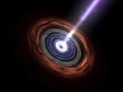 Die k&uuml;nstlerische Darstellung einer sogenannten aktiven Galaxie, in deren Zentrum ein gigantisches Schwarzes Loch Materie einsaugt.