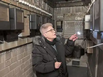 Christa Wachsmuth zeigt den Keller mit den Stromz&auml;hlern: Das Feuer  hat sichtbare Spuren und viele technische Probleme im Hochhaus an der Pommerschen Stra&szlig;e hinterlassen (Foto links).