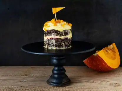 P&uuml;rierter K&uuml;rbis steckt in der Sahne-Mascarpone-Cr&egrave;me des T&ouml;rtchens. Zum Schluss kommt noch geraspelter Hokkaido on top.