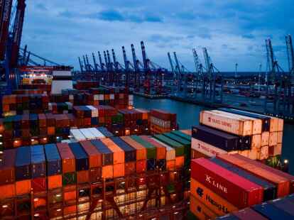 Container in Hamburg am Burchardkai auf dem Deck eines Frachters.