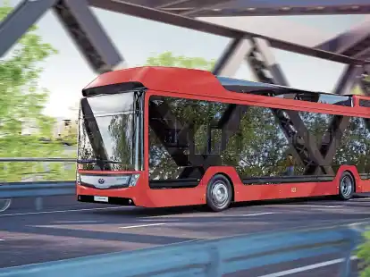 Wasserstoffbusse  wie der  in der Bildmontage von DB und Caetanobus werden  in einem Jahr in Niedersachsen anrollen &ndash; f&uuml;nf davon im Landkreis Friesland. Die Bussparte der Deutschen Bahn soll in einem ersten Rutsch bis 2026 mit 60 Bussen ausgestattet werden.