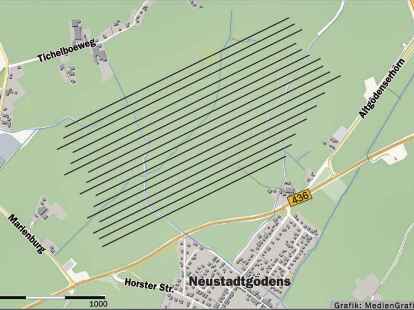 N&ouml;rdlich der B 436 k&ouml;nnte ein &bdquo;Synergiepark&ldquo; entstehen. Nach gegenw&auml;rtigem Stand w&uuml;rde er aber nicht so gro&szlig; ausfallen, wie die gestrichelte Fl&auml;che andeutet.