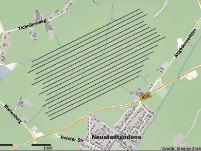 N&ouml;rdlich der B 436 k&ouml;nnte ein &bdquo;Synergiepark&ldquo; entstehen. Nach gegenw&auml;rtigem Stand w&uuml;rde er aber nicht so gro&szlig; ausfallen, wie die gestrichelte Fl&auml;che andeutet.