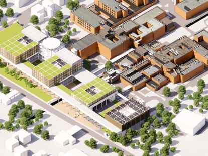 So soll die neue Ammerland-Klinik aussehen: Vor den bestehenden Krankenhauskomplex (rötliche Gebäude) soll auf dem aktuellen Parkplatz der Neubau (grün-weiße Gebäude) entstehen.