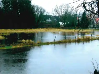 Die Fl&auml;che hinter dem Hannoverschen Hof in Zwischenbr&uuml;cken (hinten) liegt direkt neben dem Stadtgraben (im Vordergrund) und damit im &Uuml;berschwemmungsgebiet. Dieses Foto ist 15 Jahre alt, aber auch danach kam es nach  Angaben von Anliegern mehrfach zu &Uuml;berflutungen.