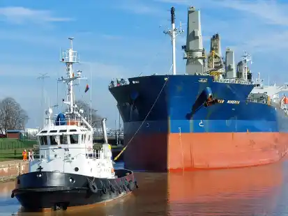 Wenn der Umschlag floriert, freuen sich auch andere Hafenbetriebe: Ein Emder Schlepper geleitet den Zellstoff-Frachter &bdquo;Star Minerva&ldquo; in die Gro&szlig;e Seeschleuse.