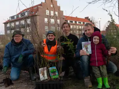 Bei der Verschenkaktion (von links): Tjarko Fresemann (der sich Setzlinge geholt hat), Organisator Aldrik Bethke, Lasse Lamet von der Initiative &bdquo;Mehr B&auml;ume jetzt&ldquo; aus den Niederlanden  und  Mike Haye seiner zweij&auml;hrigen Tochter Pia, die sich auch B&auml;umchen ausgesucht haben.