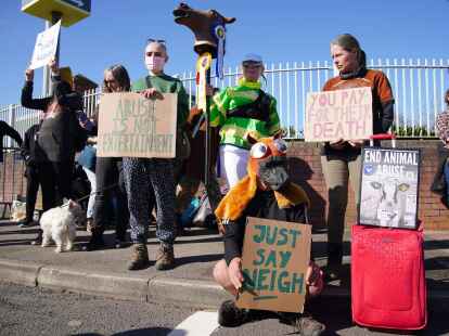 Tierschutz-Aktivisten protestierten beim Grand National Festival auf der Rennbahn von Aintree.