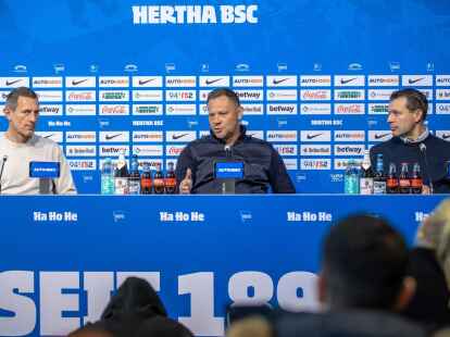 Der neu ernannte Cheftrainer Pal Dardai (M) spricht bei einer Pressekonferenz.