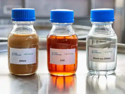 Glasflaschen mit Altfett, CVO (CVO Cracked Vegetable Oil) und Diesel aus Altfett stehen im Technikum im Bereich Verfahrenstechnik am Campus Life Sciences der HAW.