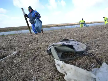Muss regelm&auml;&szlig;ig an den Deichen beseitigt werden: Pflanzliches Treibgut, das sich mit anderem M&uuml;ll mischt (hier: im M&auml;rz 2020 am Deich bei Pilsum).