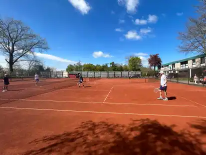 Vor dem ersten Ballwechsel wurde die Anlage auf Vordermann gebracht: Dann ging es bei bestem Wetter sportlich zu.