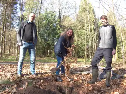 Pflanzen einen Baum: Uwe Mestemacher, Amtsleiter im Forstamt Neuenburg, Dorothea Buchholz von der Naturschutzbeh&ouml;rde des Landkreises Aurich, und Phillip Hahn, Revierf&ouml;rster der F&ouml;rsterei Meerhusen.
