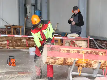 Die S&auml;ge ist ihr Hauptwerkzeug: Ein angehender Forstwirt muss am liegenden Stamm den Kombinationsschnitt meistern.