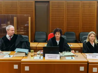 Oberstaatsanwalt Michael Loer (l-r), Oberstaatsanw&auml;ltin Gisela Leimeister und Oberstaatsanw&auml;ltin Nicole Rode im Gerichtssaal.