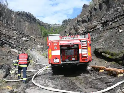 L&ouml;scharbeiten im tschechischen Nationalpark B&ouml;hmische Schweiz am Himmelfahrtstag.
