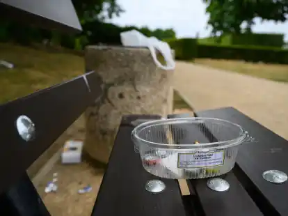 Verpackungsm&uuml;ll liegt auf einer Bank und rund um einen M&uuml;lleimer. Herumliegender M&uuml;ll und wilde M&uuml;llhalden sind immer mal wieder ein Problem in der Stadt und im Landkreis Leer. Die Stadtwerke berichten sogar von Hotspots.