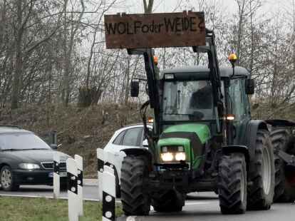 Demonstrierende Tierhalter kommen mit einem Traktor mit der Aufschrift &bdquo;Wolf oder Weide?&ldquo; zu einer spontanen Blockadeaktion an der Bundesstra&szlig;e B203 in W&ouml;hrden in Schleswig-Holstein. Auch in Aurich findet morgen eine gro&szlig;e Demonstration mit Treckern gegen den Wolf statt.