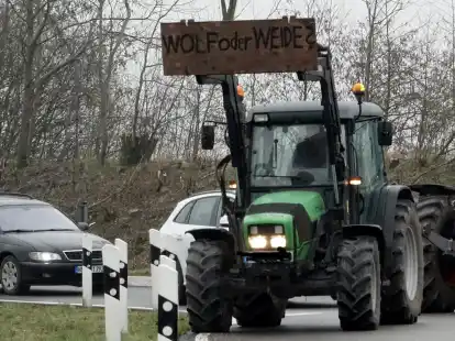 Demonstrierende Tierhalter kommen mit einem Traktor mit der Aufschrift &bdquo;Wolf oder Weide?&ldquo; zu einer spontanen Blockadeaktion an der Bundesstra&szlig;e B203 in W&ouml;hrden in Schleswig-Holstein. Auch in Aurich findet morgen eine gro&szlig;e Demonstration mit Treckern gegen den Wolf statt.