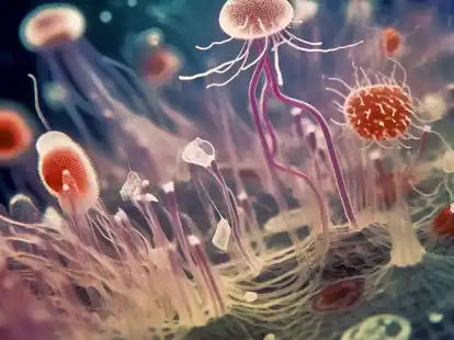 Nicht Tier, nicht Pflanze wie wir sie heute kennen:&nbsp;Die k&uuml;nstlerische Darstellung einer Ansammlung urspr&uuml;nglicher eukaryotischer Organismen der &laquo;Protosterol Biota&raquo;, die eine mikrobielle Matte auf dem Meeresboden besiedeln.