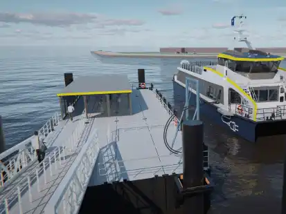 So soll er einmal aussehen und im Juni 2024 in den Dienst gestellt werden. Binnen 30 Minuten soll das Schiff wieder aufgeladen und bereit f&uuml;r die n&auml;chste Fahrt sein.