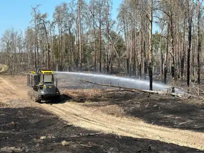 Ein L&ouml;schfahrzeug ist im Waldbrandgebiet bei L&uuml;btheen im Einsatz.