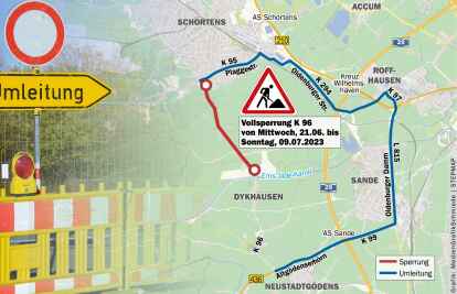 Die Sperrung zwischen Schortens und Dykhausen (in rot) und die empfohlene Umleitung. (Grafik: Medien-Grafik-Schmiede)
