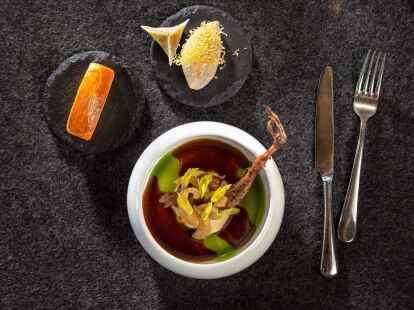 Ein Spiel der Farben und der Geschm&auml;cker von Paul Wieder: Eine Komposition aus Taube und Foie Gras, Sellerie und Brioche. Dazu eine Gew&uuml;rzjus. (Monika Loeff/Paul Wieder/dpa-tmn)